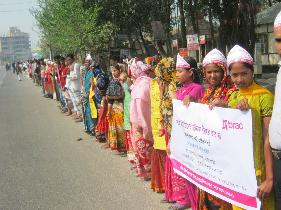 BRAC staff, promoters, volunteers, family members and friends in Rangpur, Bangladesh, participating in the One Billion Rising demonstrations against gender-based violence, earlier this year.