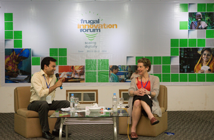 Senior Director Asif Saleh in conversation with Liz Kellison from the Bill & Melinda Gates Foundation during the fund’s launch at the Frugal Innovation Forum 2014
