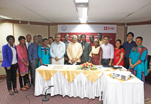 Jackie, far left, stands with the rest of the YPs and Sir Fazle Hasan Abed during the certificate distribution ceremony held at BRAC centre.